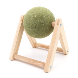 Boule d’herbe à chat rotative sur socle en bois – Balle de cataire 11 cm